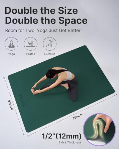 YOTTOY Large Yoga Mat (75 * 52 * 1/2inch),Extra Wide TPE Exercise Mat,Non-Slip Workout Mat for Pilates, Fitness, Barefoot, Home Gym Studio with Strap and Towel