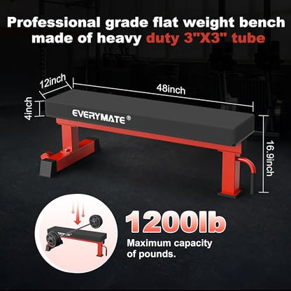 Flat Bench, 4" Thick HeftyGrip Vinyl Pad, Rated 1,200 LB, Flat Benches for Home Gym & Strength Training, Professional Grade Flat Weight Bench Made of Heavy Duty 3"*3" Tube (Red)