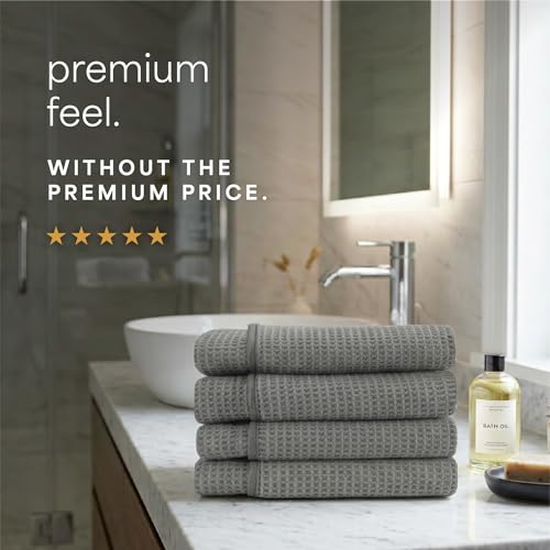 S&T INC. Aura Microfiber Waffle Bath Towels, 4 Pack, Quick-Dry, Ultra Absorbent, Lightweight Towels for Bathroom, 30 inches x 60 inches, 420GSM, Grey