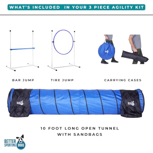 3 Piece Essential Dog Agility Equipment Set | Agility Jump | Tire Jump | 10’ Tunnel with Sandbags