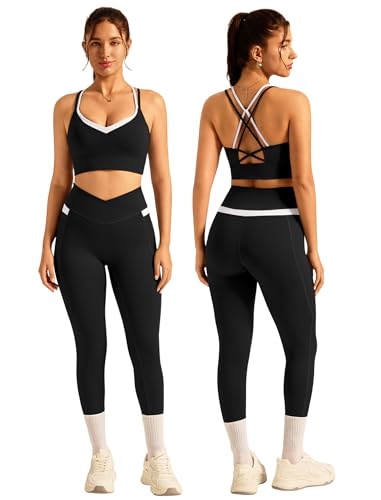 Double Layer Workout Sets for Women Color Block Yoga Gym Sets Cross Back Sports Bra Matching Crossover Leggings with Pockets - color: Black, size: X-Small