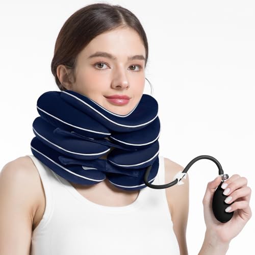 Inflatable & Adjustable Neck Traction Device with Neck Brace,Portable Cervical Traction Device for Instant Neck Pain Relief,Perfect for Home,Office,and Travel(Dark Blue) - color: Dark Blue