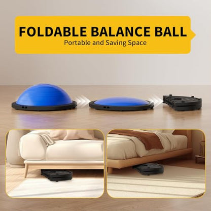 Vtory Foldable Balance Ball, Upgrate Half Ball Balance Trainer, 1300 lbs Capacity Stability Ball, 23.5 Inch Yoga Half Ball, with Resistance Band & Foot Pump, No-slip Blue Pink