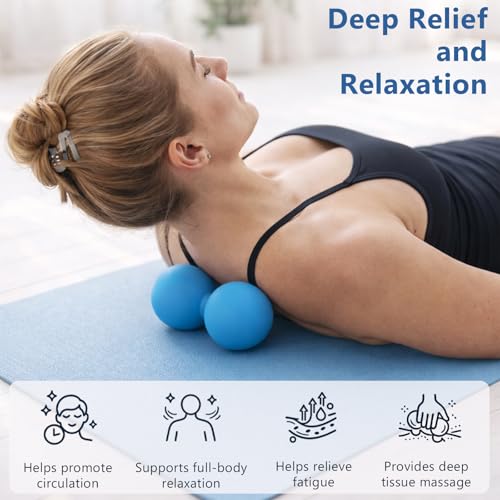 Peanut Double Massage Ball for Deep Tissue Therapy, Silicone Dual Lacrosse Mobility Ball for Myofascial Release, Trigger Point and Acupoint Massage with Carry Bag（Blue） ﻿
