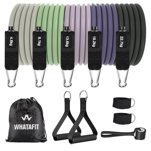 WHATAFIT Resistance Bands, Exercise Bands, Workout Bands with Handles, Door Anchor and Ankle Straps, 5 Resistance Levels Fitness Bands for Strength Training, Physical Therapy, and Home Gym Equipment