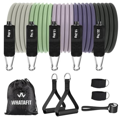 WHATAFIT Resistance Bands, Exercise Bands, Workout Bands with Handles, Door Anchor and Ankle Straps, 5 Resistance Levels Fitness Bands for Strength Training, Physical Therapy, and Home Gym Equipment