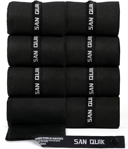 Microfiber Workout Towels - Quick Dry Silver ION Odor-Free, Highly Absorbing, Gym Towels for Men & Women - Sports Sweat Towel for Gym, Yoga, Working Out, Camping, Travel, Set of 8 Black–16x31.5Inch