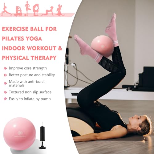 Pilates Ball Resistance Bands Grip Socks Barre Sets, Loop Exercise Bands 5 Levels, Small Yoga Ball 9 Inch, Non Slip Socks Workout Kit at Home - color: Pink