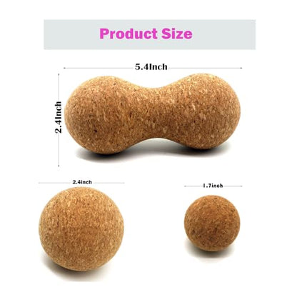 Cork Massage Ball Set for Fascia Release After Exercise, Yoga,Trigger Point Therapy, Relax Muscles, and Relieve Stress,Set of 3 （5.4"*2.4"+2.4"+1.7" Lacrosse Massage Balls