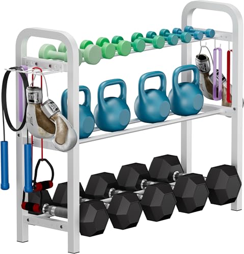 Adjustable Dumbbell Rack, Weight Storage Stand Holder for Dumbbells & Kettlebells, Heavy-Duty Home Gym Organizer with 6 Hook for Home Gym Equipment Accessories (Rack Only) - color: White, style: 3 tier