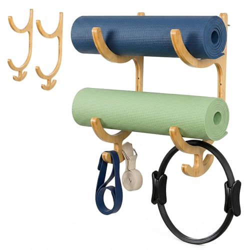 Wooden Yoga Mat Storage Rack Wall Mount, Yoga Mat Holder Hanging Hooks for Home Gym Equipment Storage, Fitness Class Room Mats Storages Organizer for Resistance Band, Home Gym Accessories