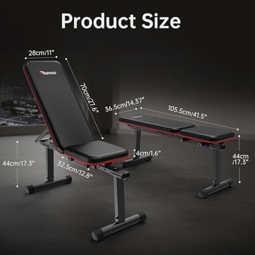PASYOU Adjustable Weight Bench, 660LBS Foldable Workout Bench, Multi-Angle Incline Exercises Bench Compact Bench Press Full Body Strength Training Bench for Home Gym, Free-Assembly
