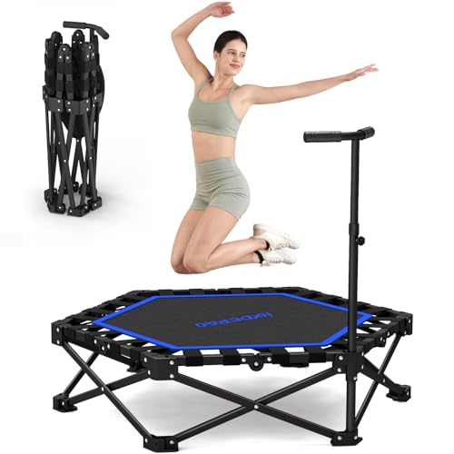 Foldable Mini Trampoline, 42'' Rebounder Trampoline with Adjustable Foam Handle, Fitness Trampoline for Indoor, Outdoor, Home Gym,Max Load 460lbs - color: Blue