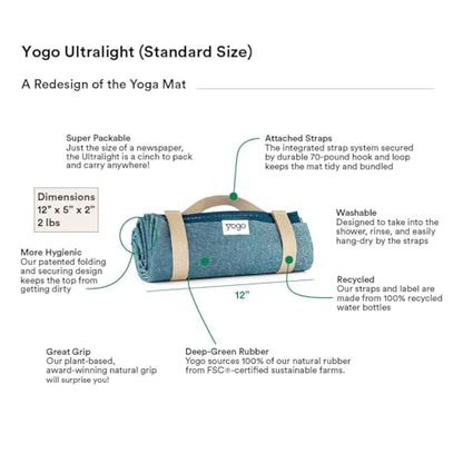 Yogo Ultralight Folding Travel Yoga Mat with Attached Straps, FSC®-Certified Plant Rubber, Sticky Grip, Non-Slip, Best Travel Yoga Mat®