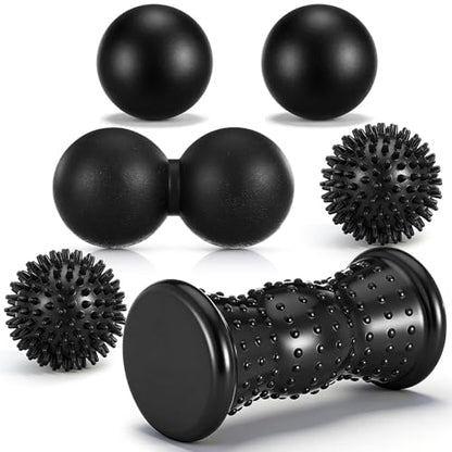 6 Pack Massage Ball & Foot Roller with Spiky Lacrosse Peanut Massage Roller for Muscle Foot Arch Pain Deep Tissue Relieve Plantar Fasciitis