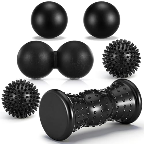 6 Pack Massage Ball & Foot Roller with Spiky Lacrosse Peanut Massage Roller for Muscle Foot Arch Pain Deep Tissue Relieve Plantar Fasciitis