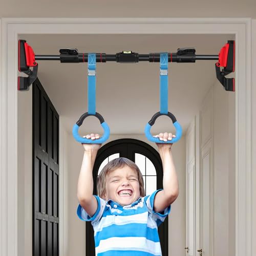 ’s Gymnastics Rings Set 2 Pairs with Adjustable 1m Straps, Blue and Red Gym Rings for Indoor Fitness Training and Gymnastics Bars, Pull-up and Strength Workout Equipment