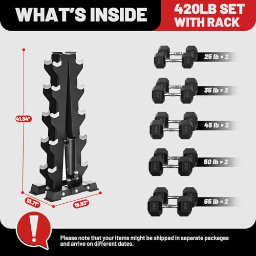 PAPABABE Hex Dumbbell Set with Rack, 85-560lb Rubber Encased Dumbbell Free Weights Dumbbells Set with Storage Rack, Hand Weights Set for Strength Training - style: 420lb(25, 35, 45, 50, 55lb)x2 & T-Bar Rack