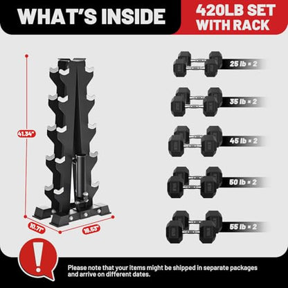 PAPABABE Hex Dumbbell Set with Rack, 85-560lb Rubber Encased Dumbbell Free Weights Dumbbells Set with Storage Rack, Hand Weights Set for Strength Training - style: 420lb(25, 35, 45, 50, 55lb)x2 & T-Bar Rack