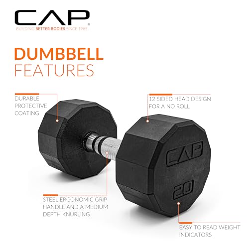 CAP Rubber Coated Dumbbell Weights, Free Weights for Home Gym Strength Training, Anti-Roll Hex Dumbbells with Black, Chrome & Comfort Grip Handles, Pairs & Sets - size: 20 lb - Pair, style: 12-Sided - Chrome Handle