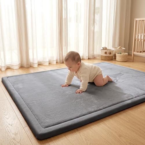 ACOMOPACK Baby Play Mat for Floor,1.3" Thick Elasti-Foam 59"×71" Non-Slip Water Repellent,Non-Toxic Playpen Mat for Infants Toddlers Kids, Ultra Soft Coral Velvet for Tummy Time Crawling（Dark Grey） - color: Dark Grey, size: 59"×71"
