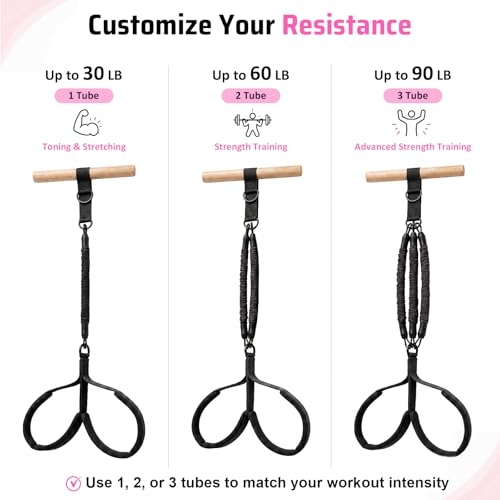 Pedal Resistance Band with Wood Handle for Arm, Leg & Core Workouts | 3-Tube 30/60/90 LB Resistance | Beech Wood Handle | Dual D-Ring | Fabric-Covered Tubes | Wide Foot Pedals | Carry Bag & Guide