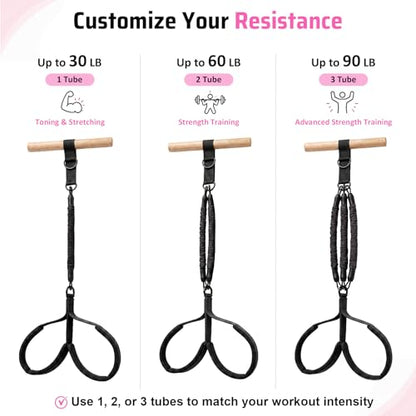 Pedal Resistance Band with Wood Handle for Arm, Leg & Core Workouts | 3-Tube 30/60/90 LB Resistance | Beech Wood Handle | Dual D-Ring | Fabric-Covered Tubes | Wide Foot Pedals | Carry Bag & Guide