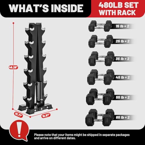 PAPABABE Hex Dumbbell Sets with Rack, 100-600lb Rubber Coated Dumbbell Weight Set and Storage Rack, Multiple Options Hand Weights for Strength Training - style: 480lb Set (Pair of 15, 25, 35, 45, 55, 65lb)
