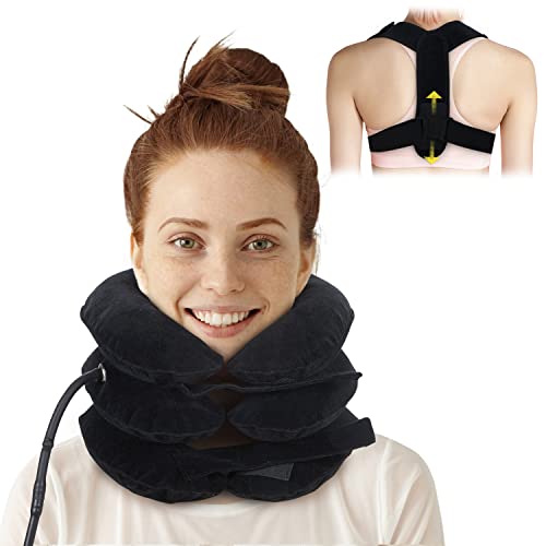 Cervical Neck Traction Device & Posture Corrector for Women and Men, Inflatable Neck Stretcher Brace for Decompression, Adjustable Upper Back Brace & Elastic Support (Carbon Black)