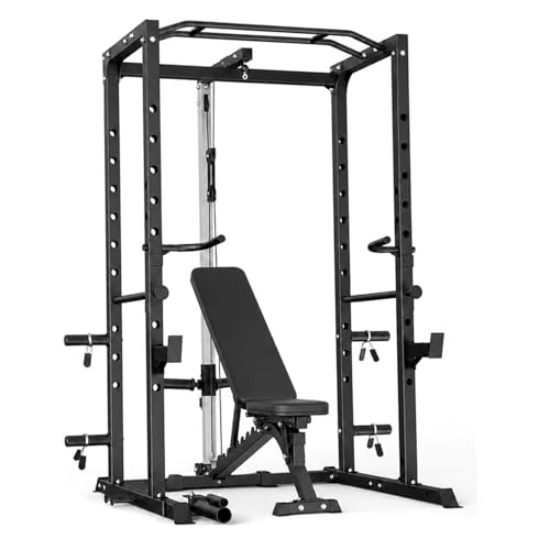 KOPUS Power Rack with Pulley System – Multi-Functional Power Cage Squat Rack, LAT Pull Down, J Hooks & Safety Bars – 1200 lbs Home Gym Equipment – 5 Configurations - size: Cage + Pulley + Bench