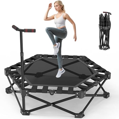 Foldable Rebounder Trampoline, Silent Mini Fitness Trampoline for Home Workout with Adjustable Handle Bar, Quiet Exercise Trampoline for Personal Indoor Workout