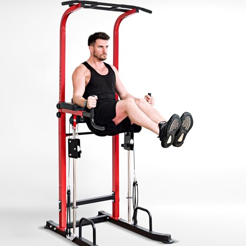 Dland Power Tower Dip Station Pull Up Bar Exercise Tower, Multifunctional Adjustable Height Training Equipment for Home Gym, Free Standing Assisted Fitness Workout Pullup Rack Station Machine - color: Red