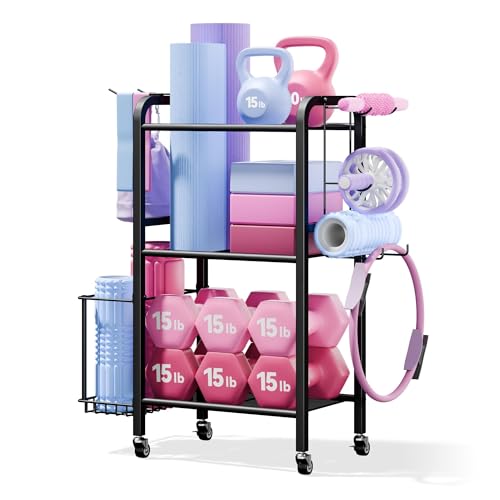 3-Tier Heavy-Duty Home Gym Storage Rack with Hooks and Smooth Wheels for Workout Gear