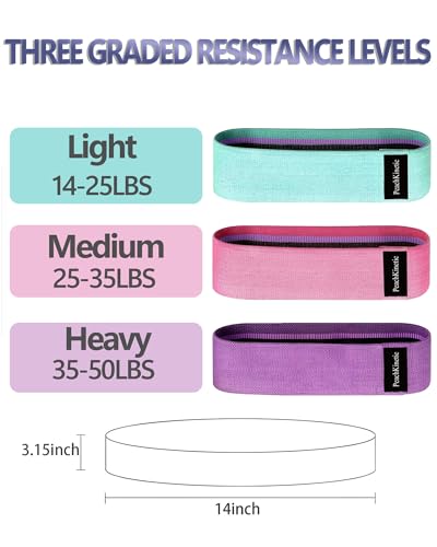 PeachKinetic Fabric Resistance Bands Set, 3-Pack, Light, Medium, Heavy, Non-Slip, for Glute Workout, Pilates, Yoga, Home Gym