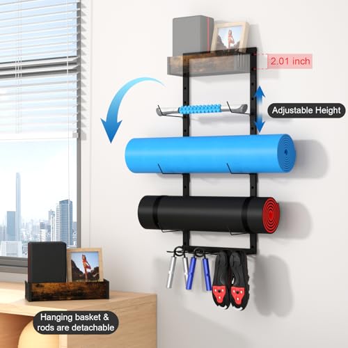 Yoga Mat Holder Wall Mount - Tool-free Adjustable Yoga Mat Rack Shelf, All-in-one Foam Roller Holder for Resistance Bands & Blocks, Space-saving Home Gym Organizer for Small Space Training Storage