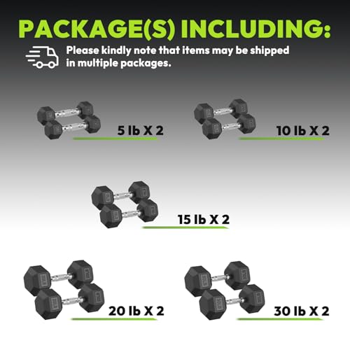 HANDBODE Rubber Coated Hex Dumbbell Set, 90-640 lb - size: 160 lb set (pair of 5, 10, 15, 20, 30)