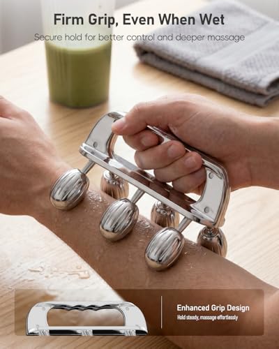 Yeamon Stainless Steel Handheld Muscle Roller, Deep Tissue Body Massager with 3 V-Shaped Roller Sets, Ergonomic Grip Manual Massage Tool for Arms, Legs & Back Relief, Post Workout Recovery