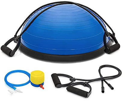 Half Ball Balance Trainer, Half Yoga Balance Board Exercise Ball for Full Body Workout, Stability Ball Platform, Core AB Training Strength Home Workout Fitness Physical Therapy, 2 Resistance Bands