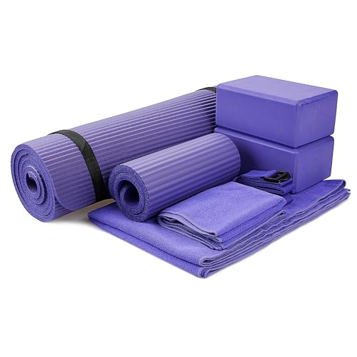 BalanceFrom 7-Piece Yoga Set with 71x24x0.5 Inches Extra Thick Mat and Carrying Sling – Includes 2 Blocks, Stretch Strap, 2 Towels, and Knee Pad for Home, Studio, and Gym Workouts