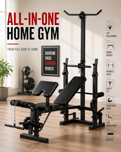 Garvee 8 in 1 Olympic Weight Bench Set with Leg Extension & Curl, Adjustable Bench Press Set with Rack, Preacher Curl Pad, Chest Fly，Lat Pulldown, Multi-Function Home Gym Strength Training Equipment