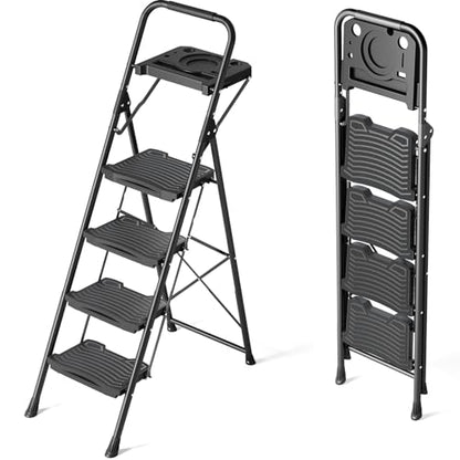 KINGRACK 4 Step Ladder with Tool Platform, Sturdy Step Stool, Anti-Slip Wide Pedals, Handrail, Foldable Step Ladder, Pass 900LBS Testing, Multi-Use for Home, Garage, Garden, Painting, Black - size: 4-step with tool tray and handrail