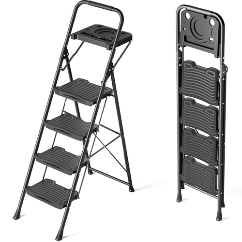 KINGRACK 4 Step Ladder with Tool Platform, Sturdy Step Stool, Anti-Slip Wide Pedals, Handrail, Foldable Step Ladder, Pass 900LBS Testing, Multi-Use for Home, Garage, Garden, Painting, Black - size: 4-step with tool tray and handrail