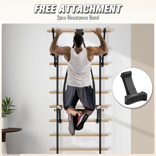 Swedish Ladder Wall Gym, Stall Bar Home Gym with Adjustable Pull-Up Bar, Dip Bar Attachments & 2pcs Resistance Band, 9 Strategic Rods for Core Strengthening and Stretching Balanced for Body Exercise
