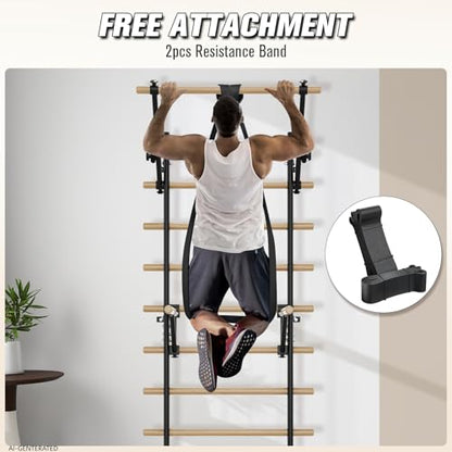 Swedish Ladder Wall Gym, Stall Bar Home Gym with Adjustable Pull-Up Bar, Dip Bar Attachments & 2pcs Resistance Band, 9 Strategic Rods for Core Strengthening and Stretching Balanced for Body Exercise