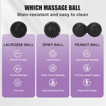 3-in-1 Massage Ball Set, Peanut Ball & Spiky Ball & Lacrosse Ball for Yoga, Myofascial Release, Plantar Fasciitis Relief, Deep Tissue Massage for Back, Neck, Shoulder Pain