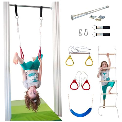 Doorway Swing Kit fr Kids - Doorway Gym with Trapeze Bar Combo, Gymnastic Rings, Rope Ladder & Classic Belt Swing