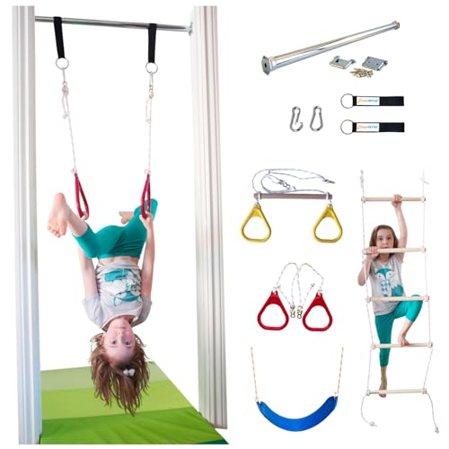 Doorway Swing Kit fr Kids - Doorway Gym with Trapeze Bar Combo, Gymnastic Rings, Rope Ladder & Classic Belt Swing