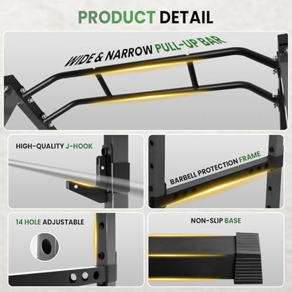 Space-Saving Power Cage for Small Home Gym, 1200 LBS Weight Capacity 2x2 Steel Squat Rack with Multi-Grip Pull Up Bar, Adjustable J-Hooks & Safety Bars for Full Body Workout, Smith Machine
