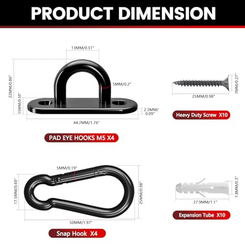 sprookber 304 Stainless Steel Pad Eye Snap Hook, M5 Ceiling Hook 500Lb,8Pcs - size: 2 Inch, style: Black Oval