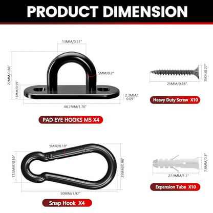 sprookber 304 Stainless Steel Pad Eye Snap Hook, M5 Ceiling Hook 500Lb,8Pcs - size: 2 Inch, style: Black Oval
